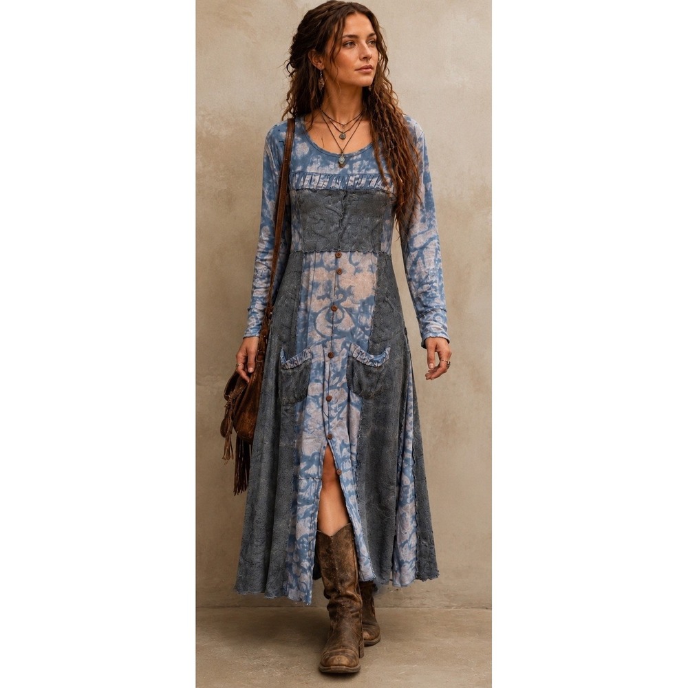 Vtg Patchwork Boho Cottagecore Western Renaissance Fair Dress M Made In  USA